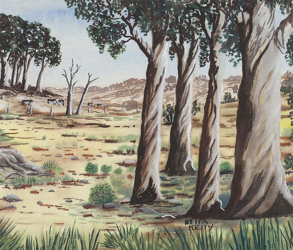 Bella Kelly
Landscape (with cattle) c 1960
Watercolour and gouache on paper 
26.1 x 35.5 cm
City of Albany Collection, Photo: Bo Wong
© Estate of Bella Kelly