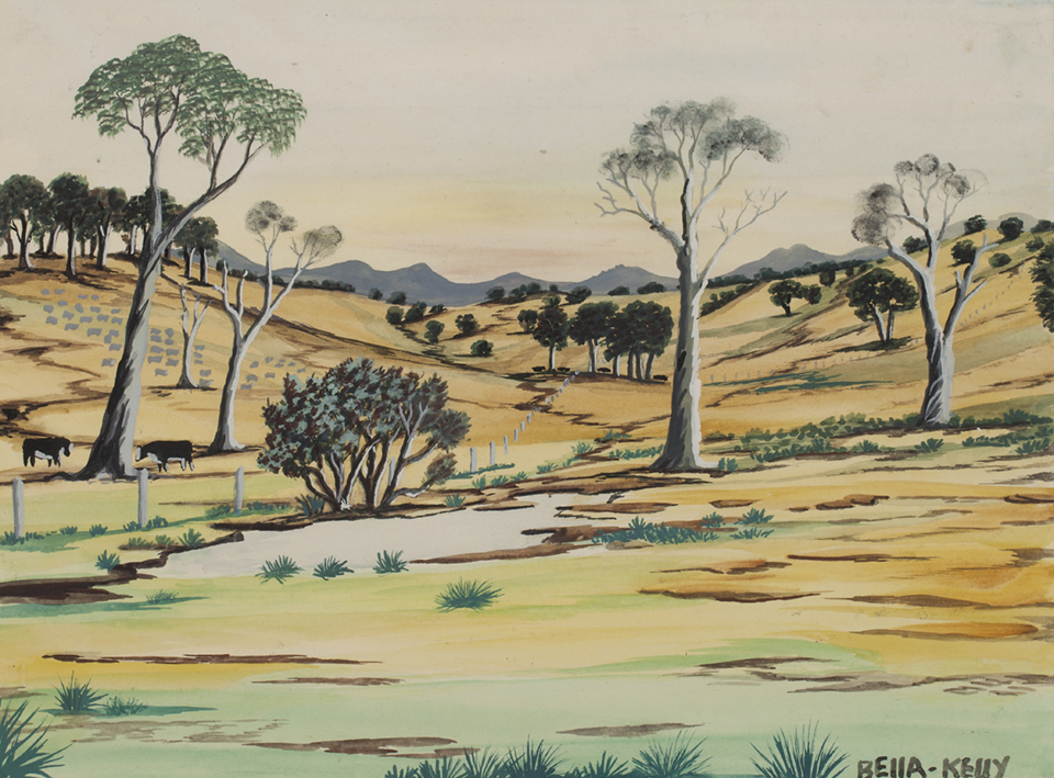 Bella Kelly
Landscape (with soak) c 1960
watercolour and gouache on paper
31.5 x 36.9 cm
City of Albany Collection, Photo: Bo Wong
© Estate of Bella Kelly