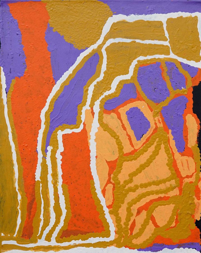 Brightly colour painting of country by Balgo artist Ningie Nangala.