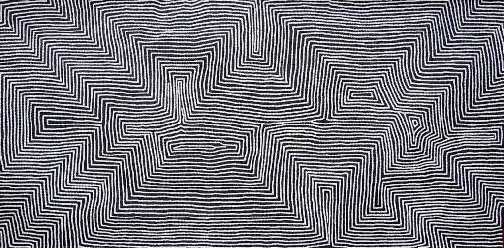 Black and white geometric design about sandhills by Balgo artist Vincent Nanala.